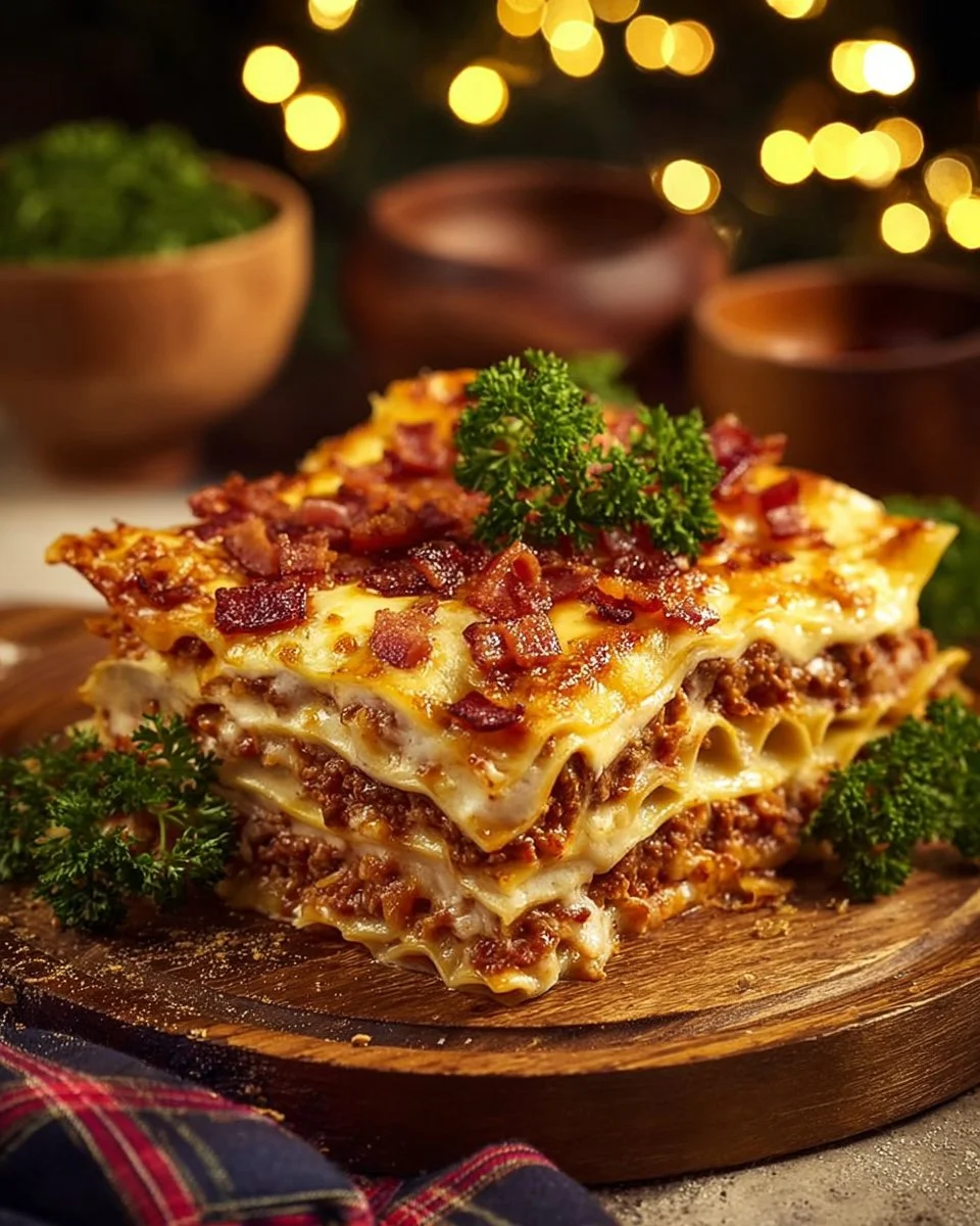 Delicious Parmesan Garlic Bacon Cheeseburger Lasagna layered with savory ingredients