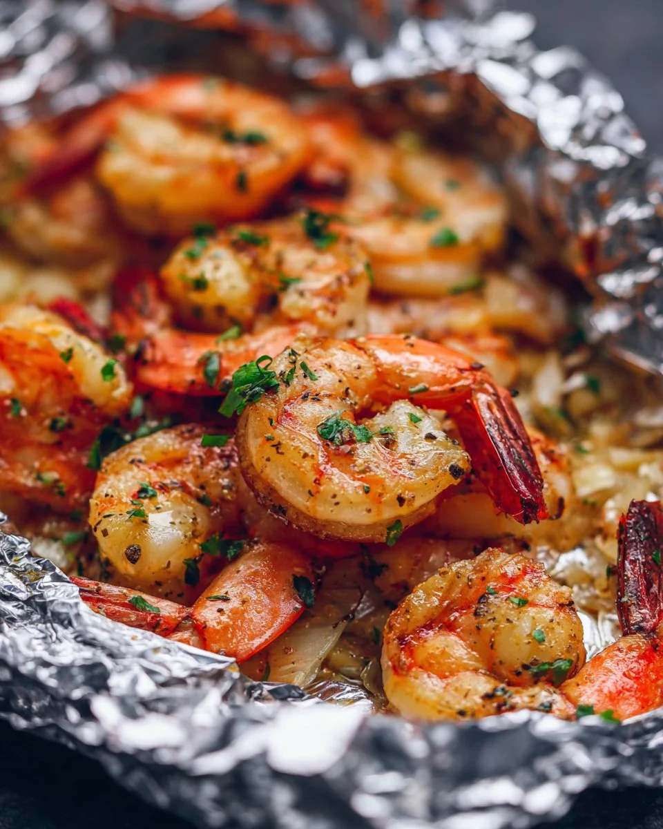 Delicious Parmesan Garlic Butter Shrimp Foil Packs ready for grilling.