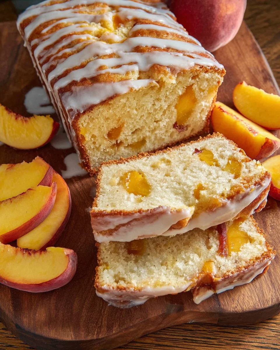 Delicious homemade Peach Loaf Cake with fresh peaches and a golden crust