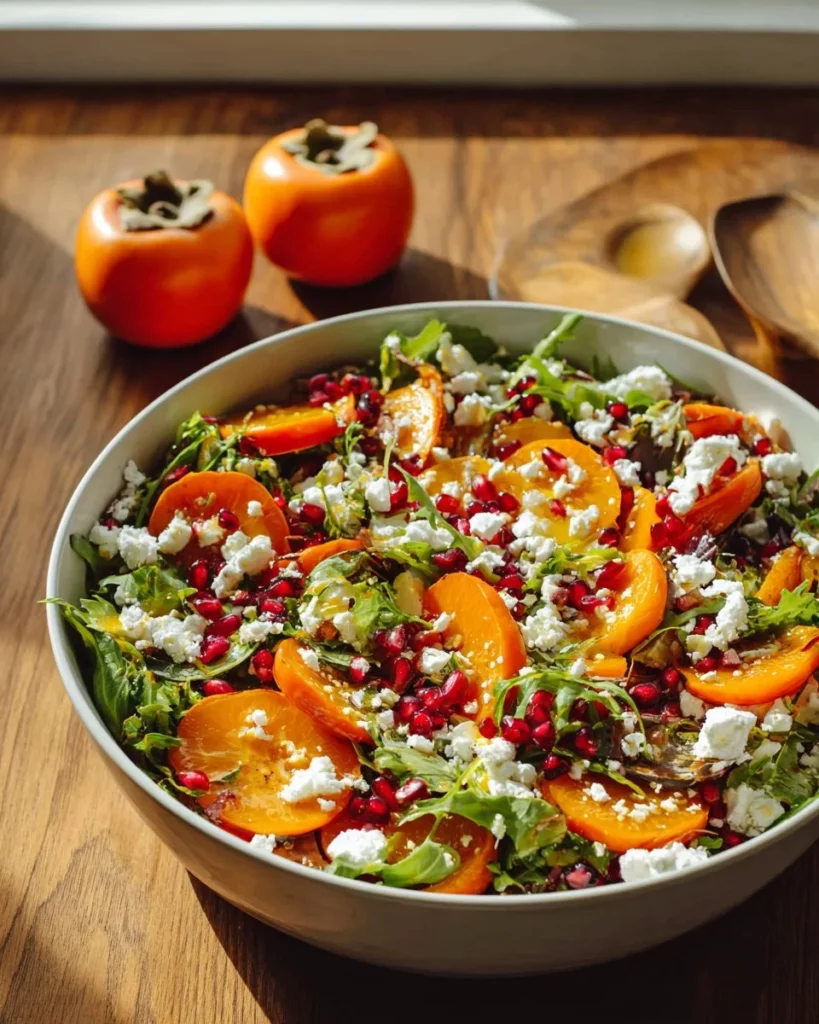Persimmon salad with maple vinaigrette topped with nuts and greens