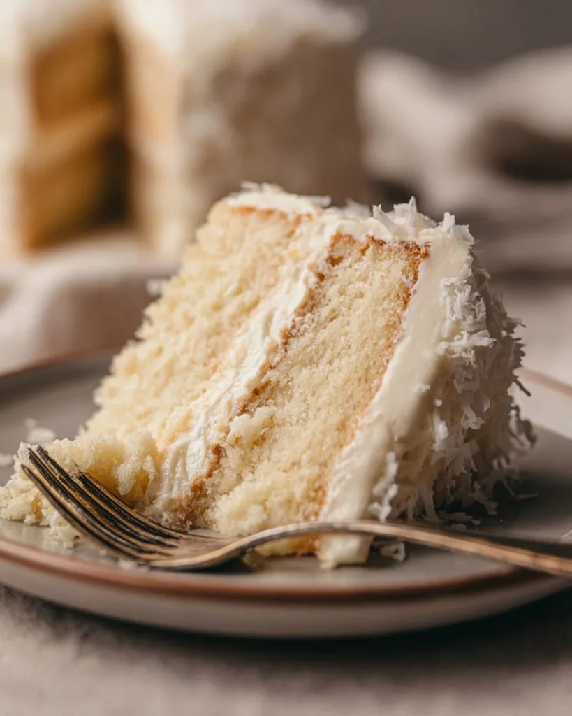 Slice of Pineapple Coconut Cake topped with coconut flakes and pineapple pieces