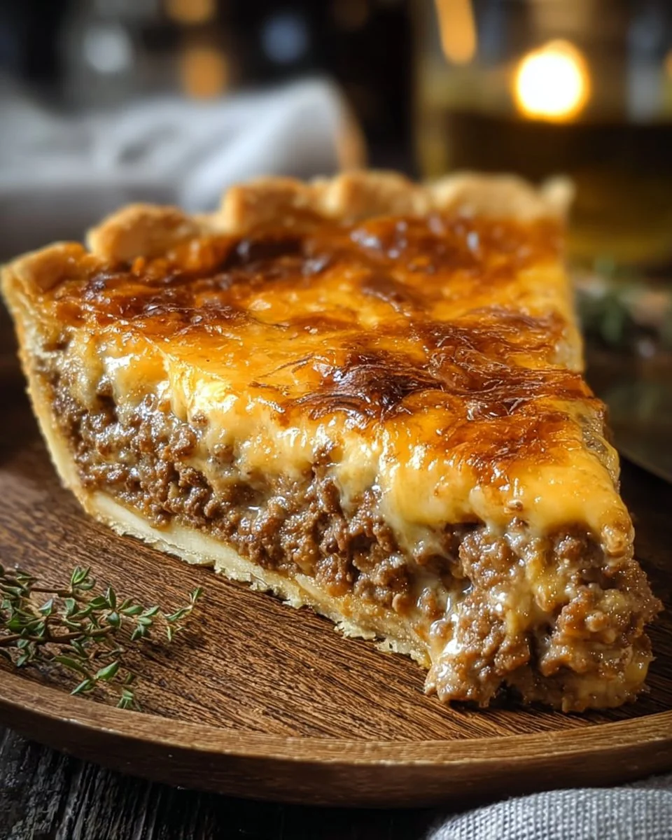 Pioneer Woman cheeseburger pie served on a plate with toppings.