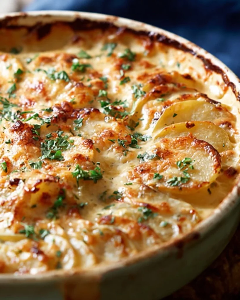 Delicious potato gratin served in a baking dish, golden and cheesy on top