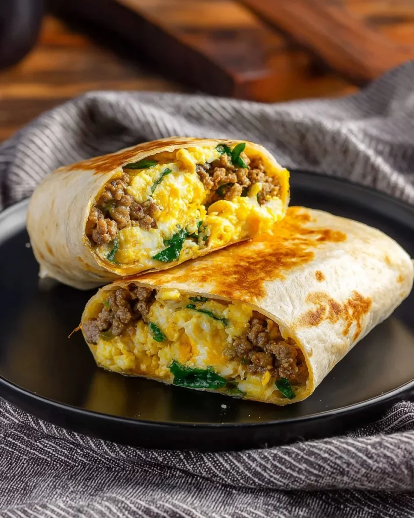 Delicious quick and easy breakfast burrito on a wooden plate