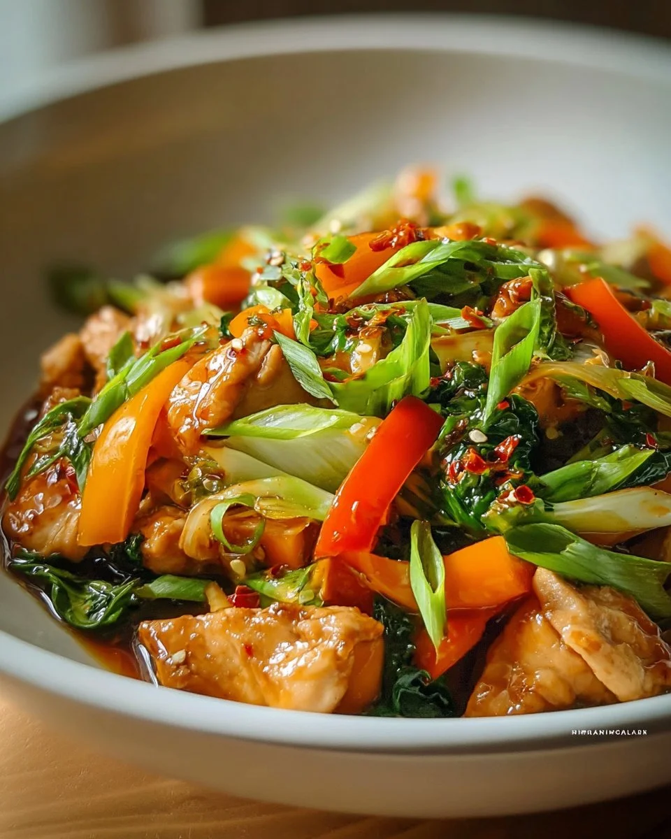 Delicious quick chicken cabbage stir-fry served in a bowl with vegetables.
