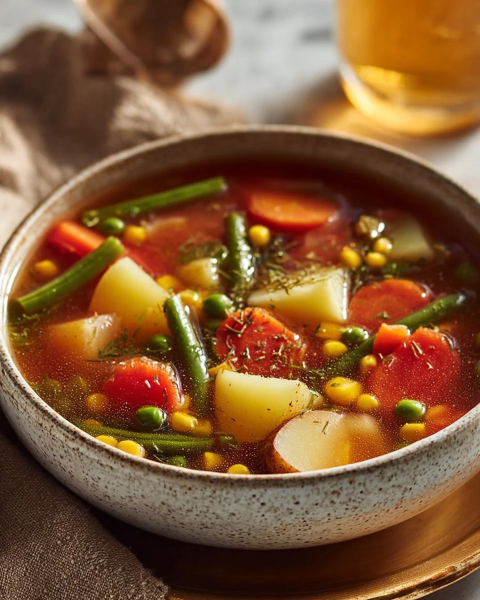 Bowl of quick and easy vegetable soup with colorful fresh vegetables.