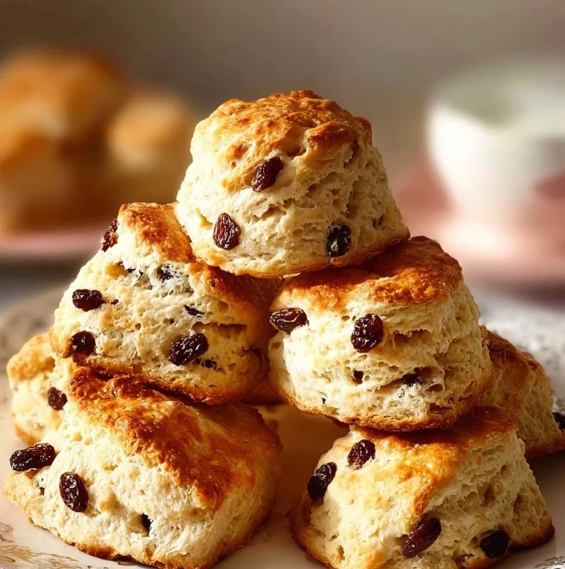 Freshly baked raisin scones served on a plate