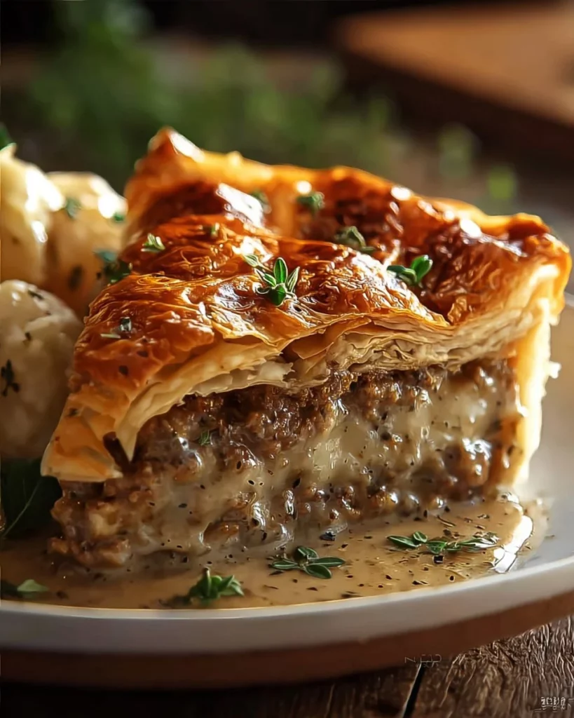 Sausage gravy biscuit pie served on a plate for a delicious breakfast option