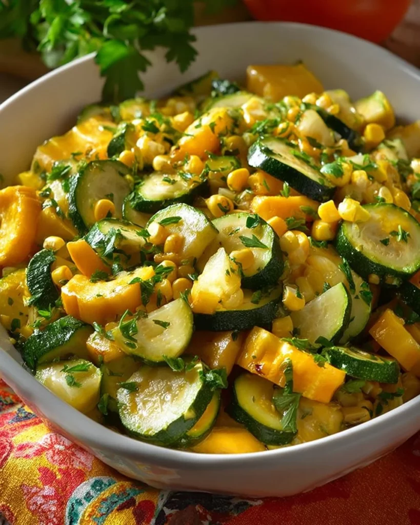 Sautéed summer squash and corn dish served on a plate