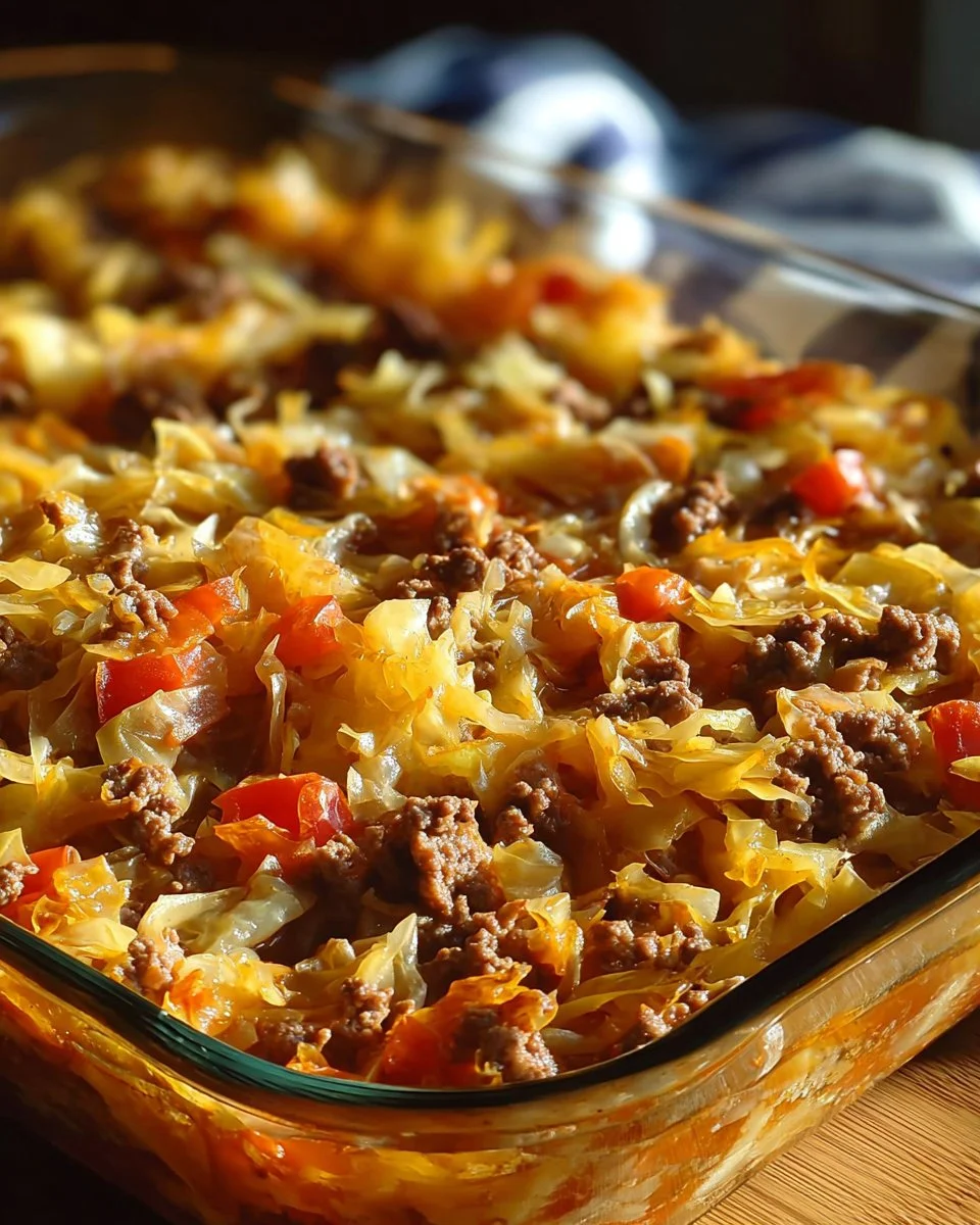 Savory Cabbage Beef Bake with layers of cabbage and ground beef in a casserole dish.