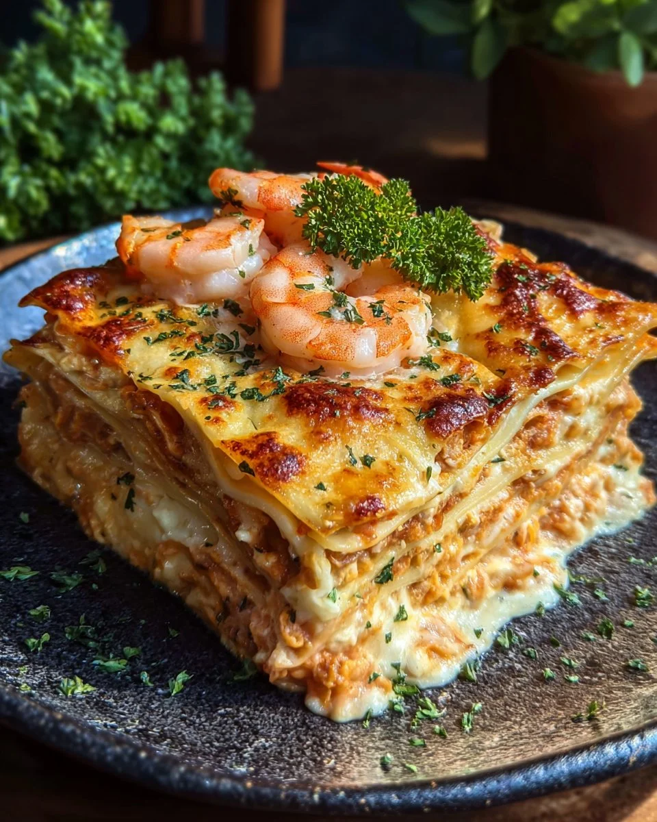 Delicious seafood lasagna with shrimp and crab garnished with herbs