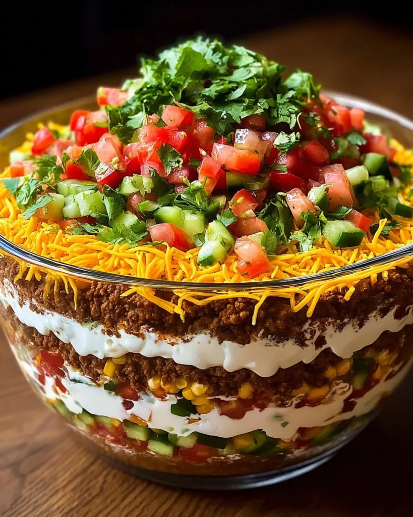 Colorful seven-layer taco dip served in a glass dish with tortilla chips on the side.