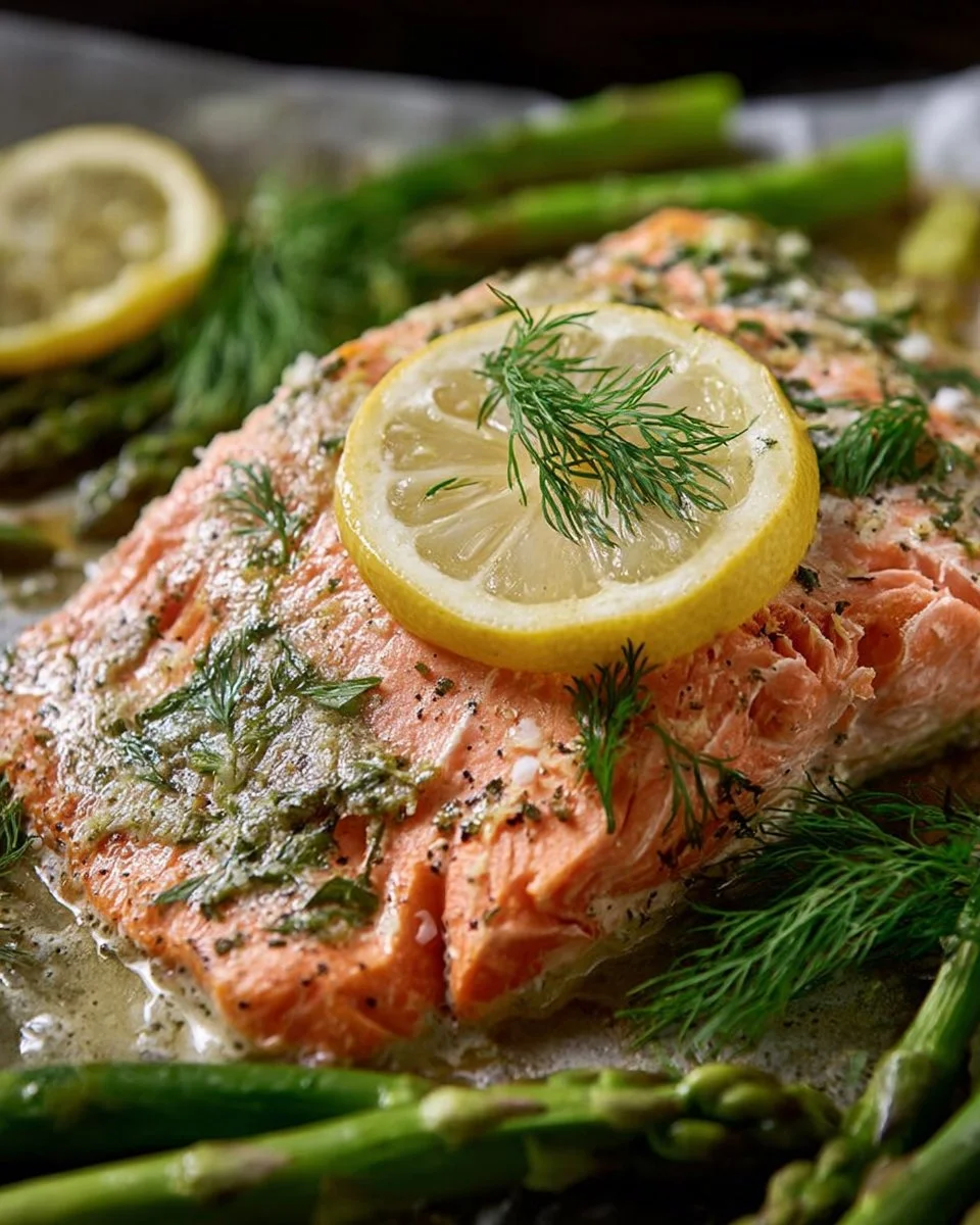 Sheet pan lemon dill salmon garnished with fresh herbs and lemon slices