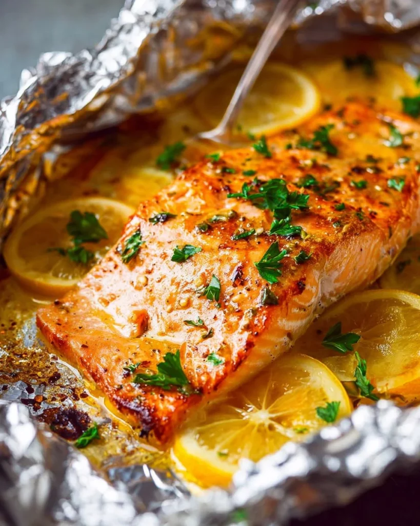 Sheet pan lemon garlic butter salmon with fresh herbs and lemon slices