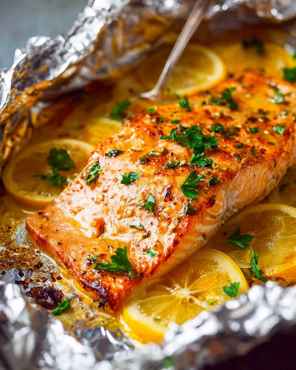 Sheet pan lemon garlic butter salmon with fresh herbs and lemon slices
