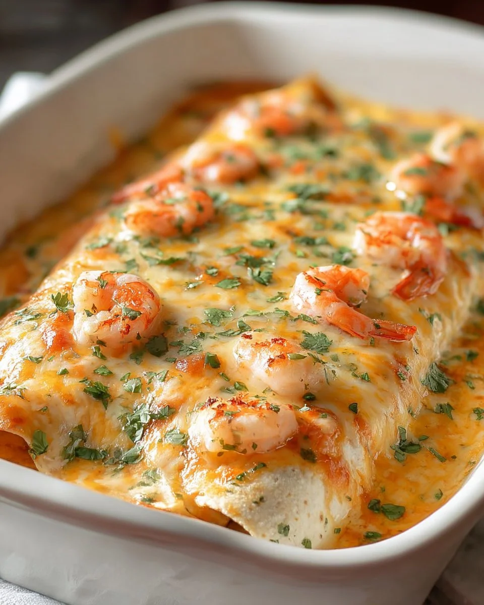 Plate of shrimp enchiladas topped with creamy sauce and garnished with cilantro