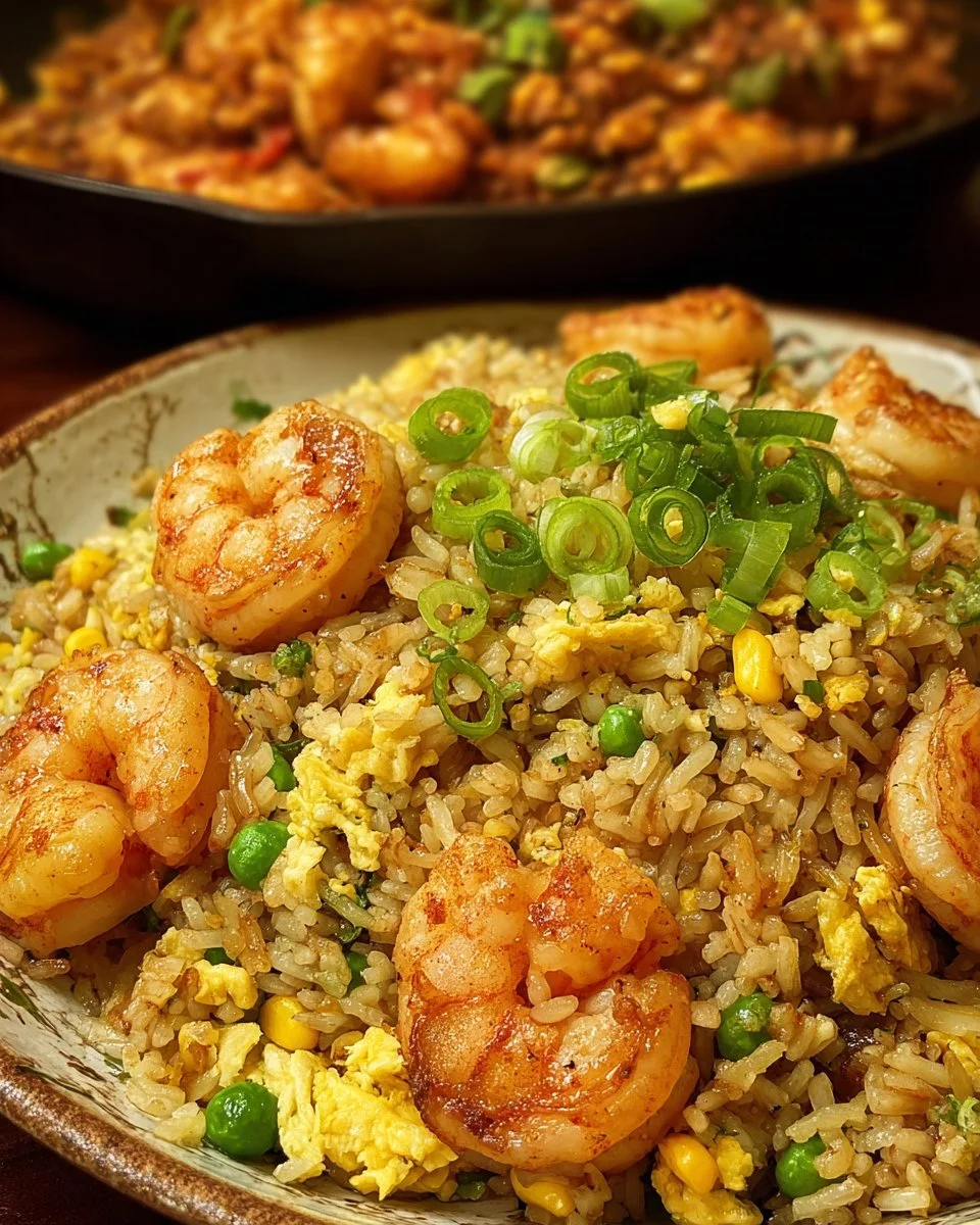 Delicious shrimp fried rice with mixed vegetables on a plate.