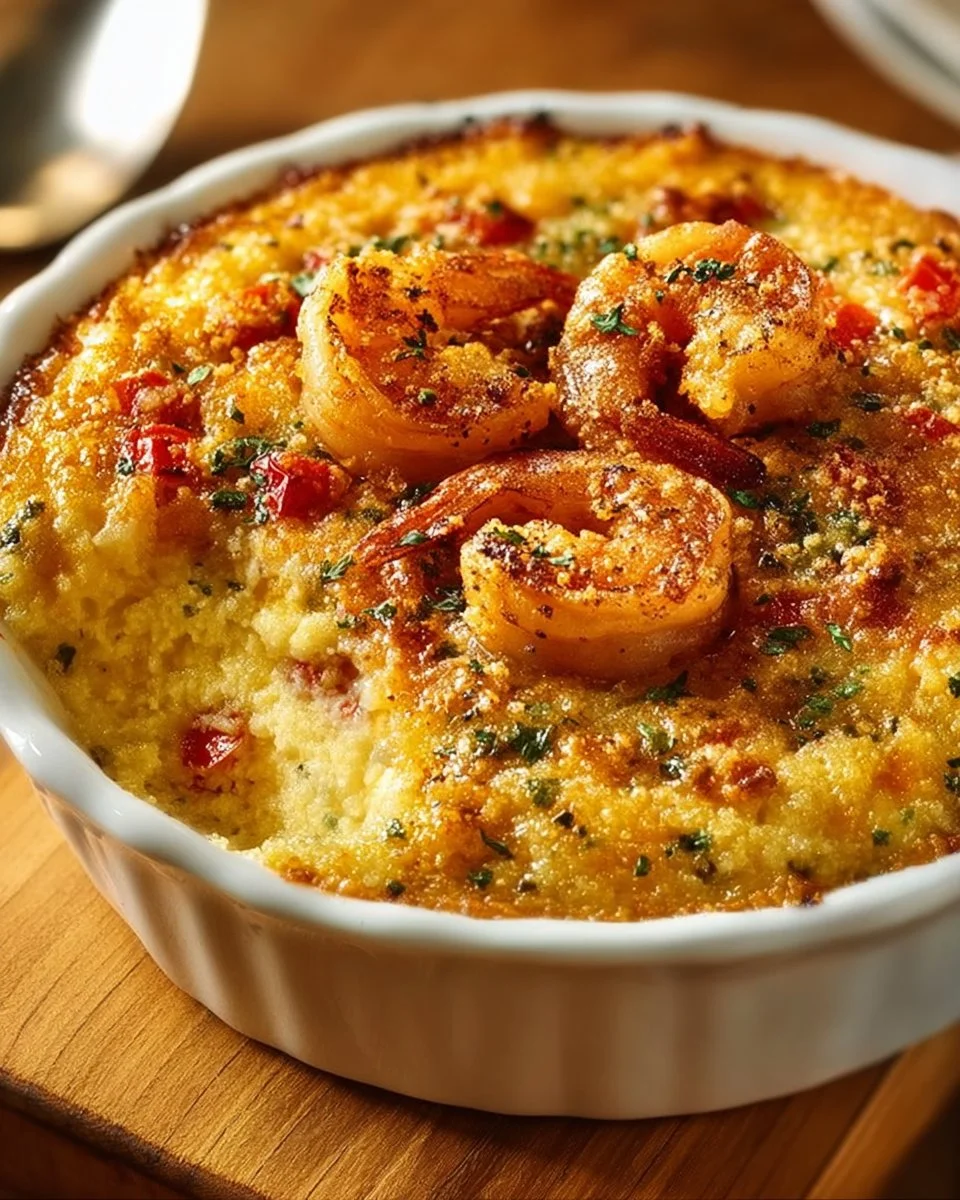 Shrimp & Grits Casserole with shrimp, cheese, and spices served in a baking dish.