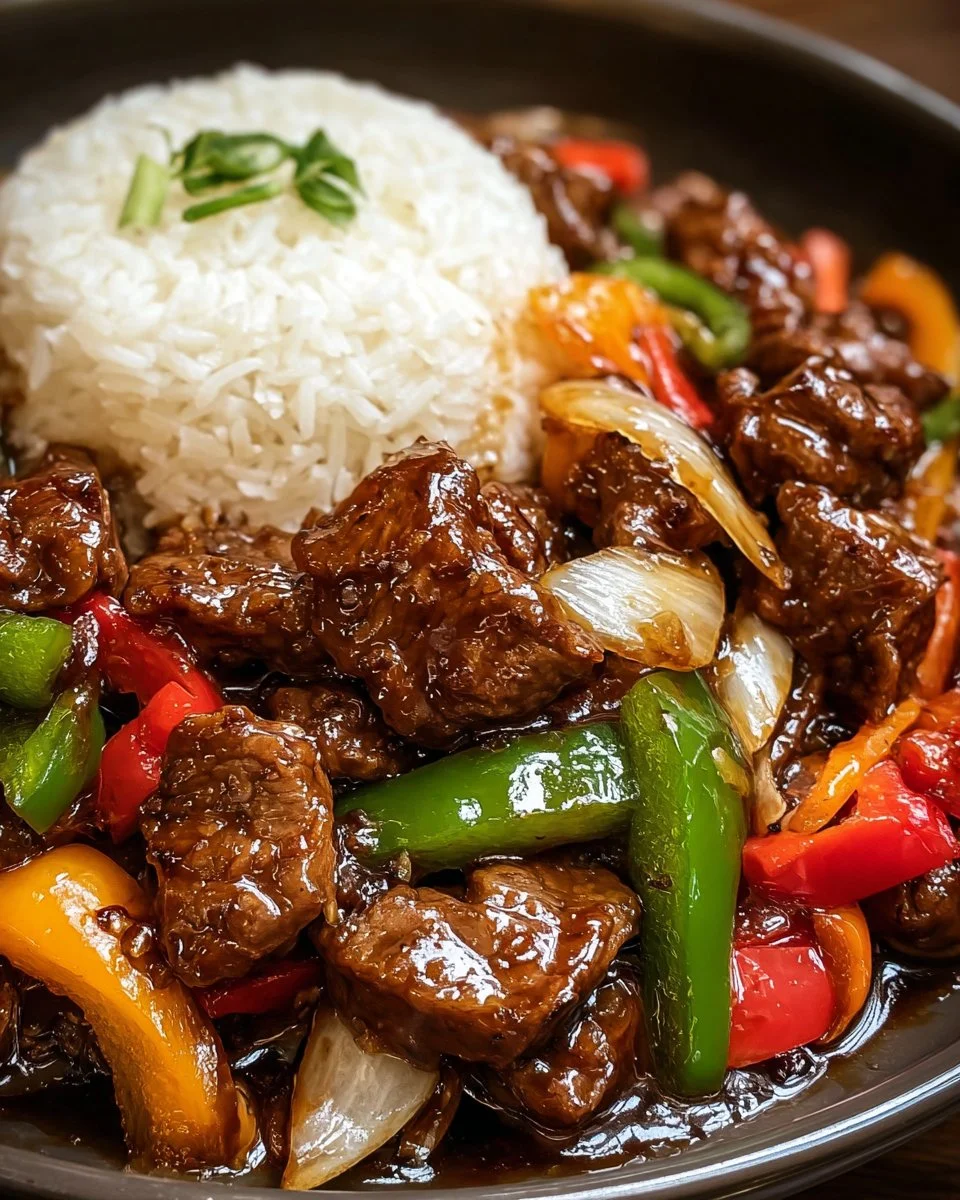 Sizzling Chinese Pepper Steak with Onions served on a plate