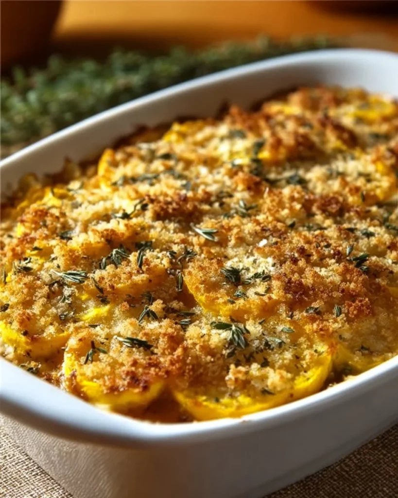 Delicious Southern squash casserole dish topped with breadcrumbs and cheese