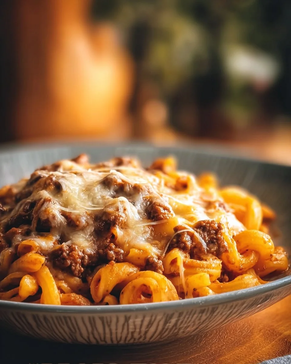 Delicious Sloppy Cheeseburger Pasta topped with cheese and served in a bowl.