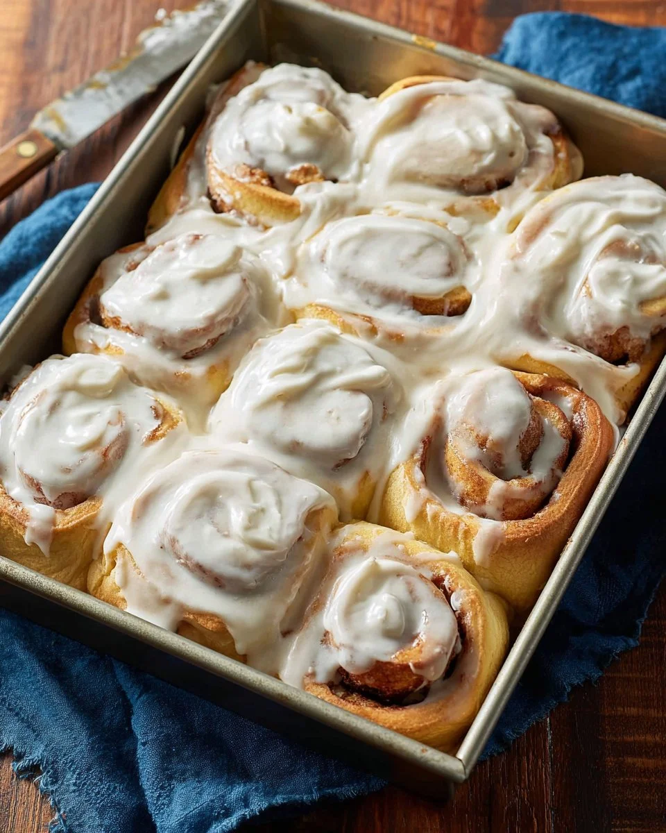 Delicious sourdough cinnamon rolls topped with a sweet glaze on a rustic table