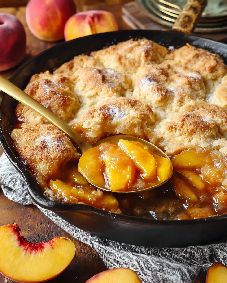 Delicious Southern Peach Cobbler served warm with a scoop of vanilla ice cream.