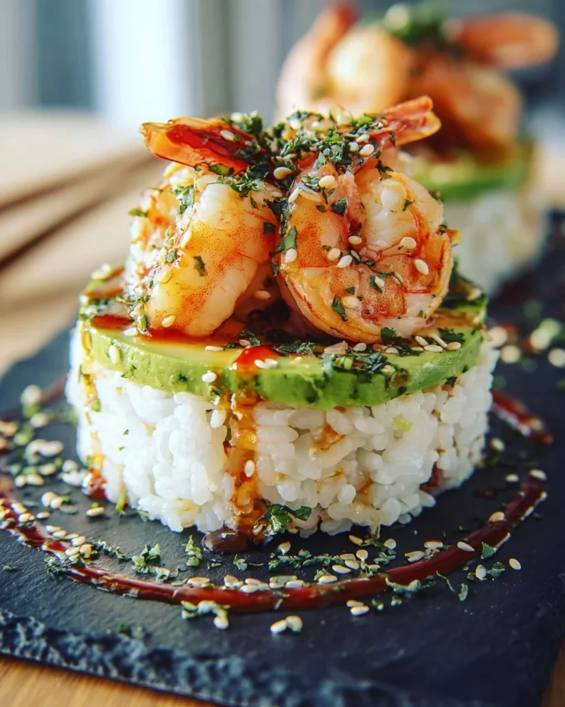 Spicy shrimp sushi stacks served on a plate garnished with wasabi and ginger.