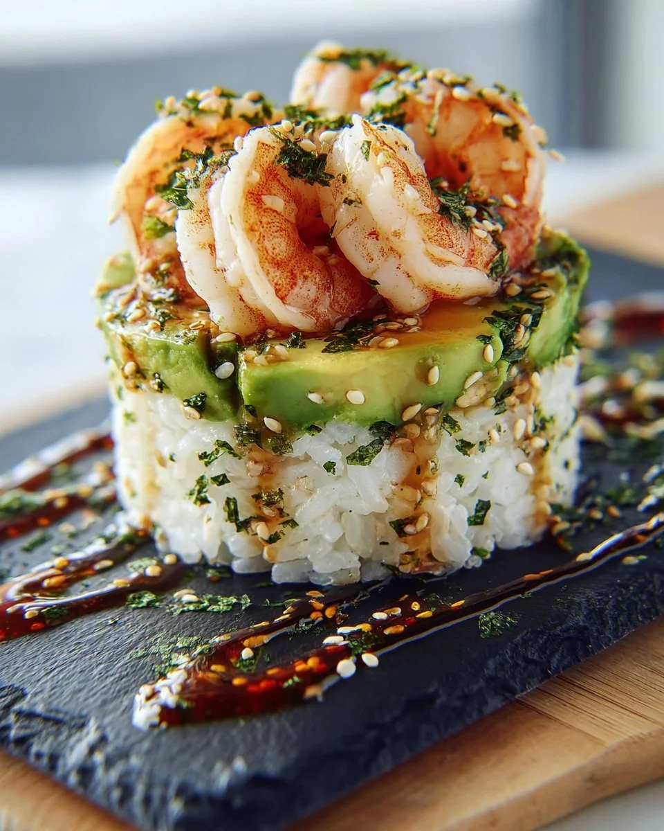 Spicy shrimp sushi stacks with fresh ingredients and garnishes