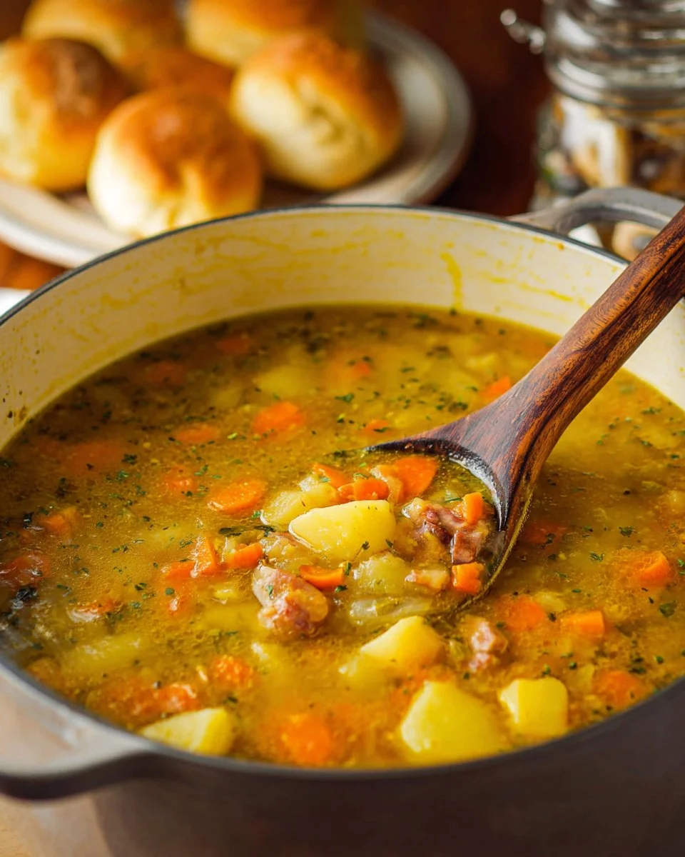 Bowl of homemade split pea soup with vegetables and herbs