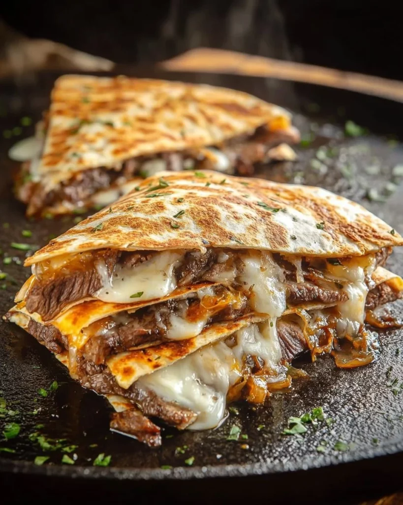 Steak Cheese Quesadillas grilled on the Blackstone, served hot and cheesy.