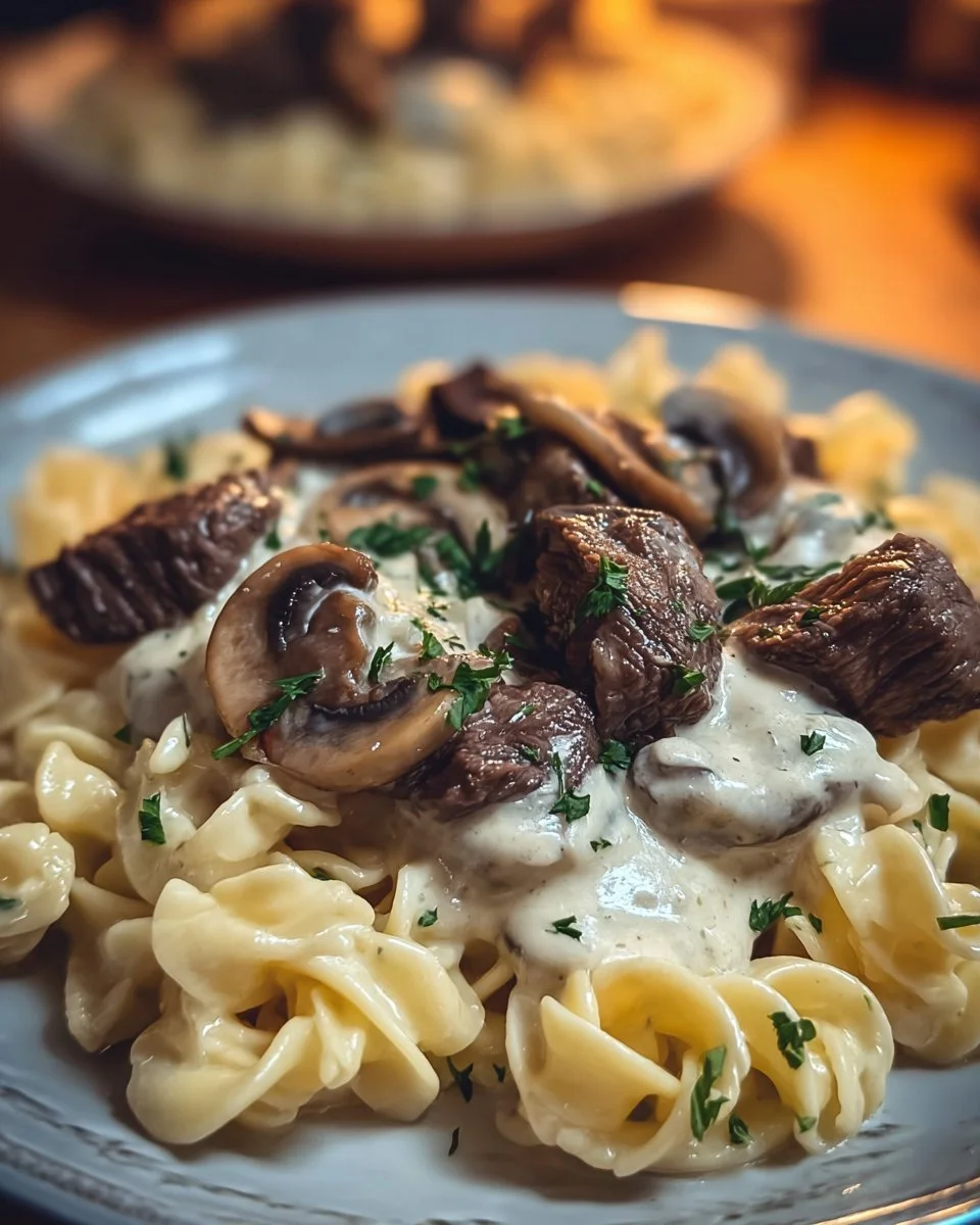 Delicious steak and mushroom tortellini Alfredo dish garnished with herbs
