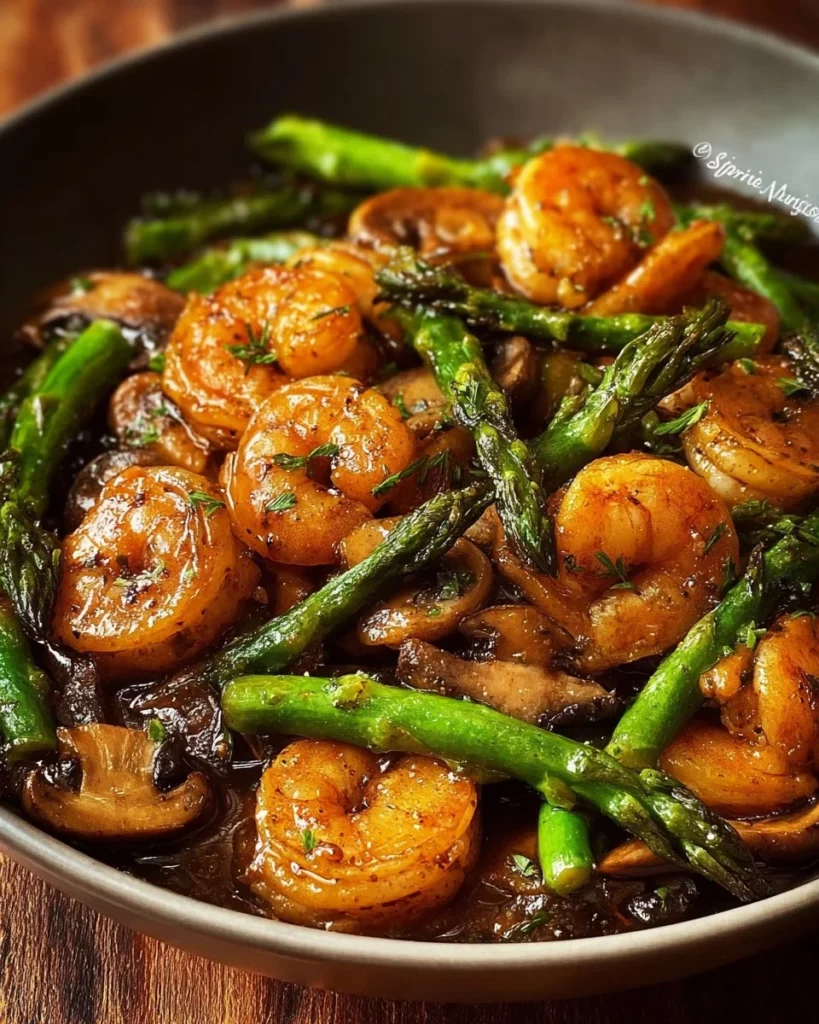 Stir-fried shrimp with asparagus and mushrooms in a vibrant dish