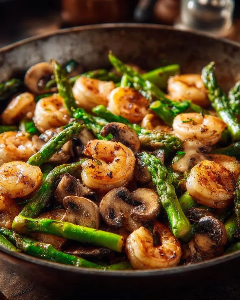 Stir-fried shrimp with asparagus and mushrooms served in a bowl
