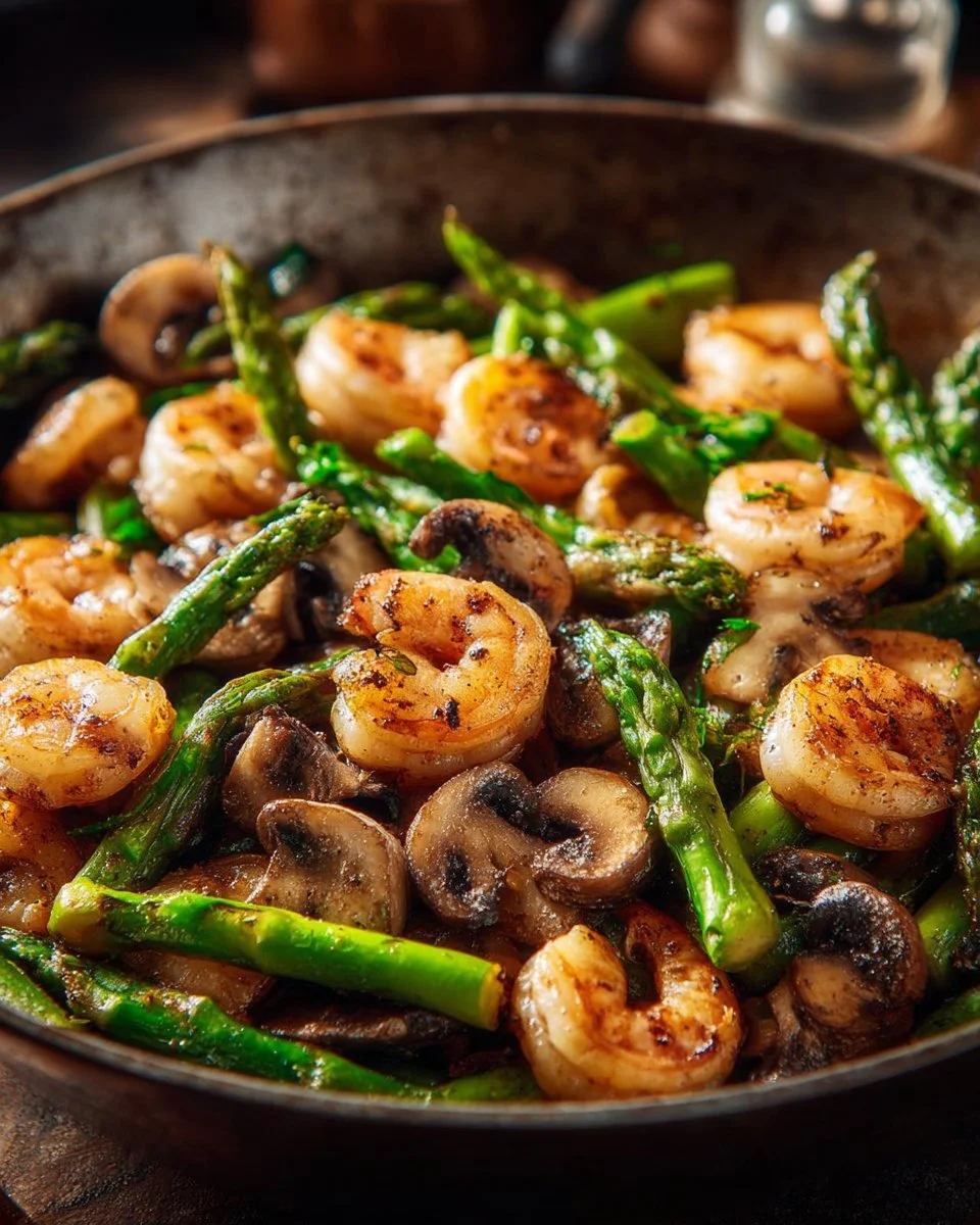 Stir-fried shrimp with asparagus and mushrooms served in a bowl