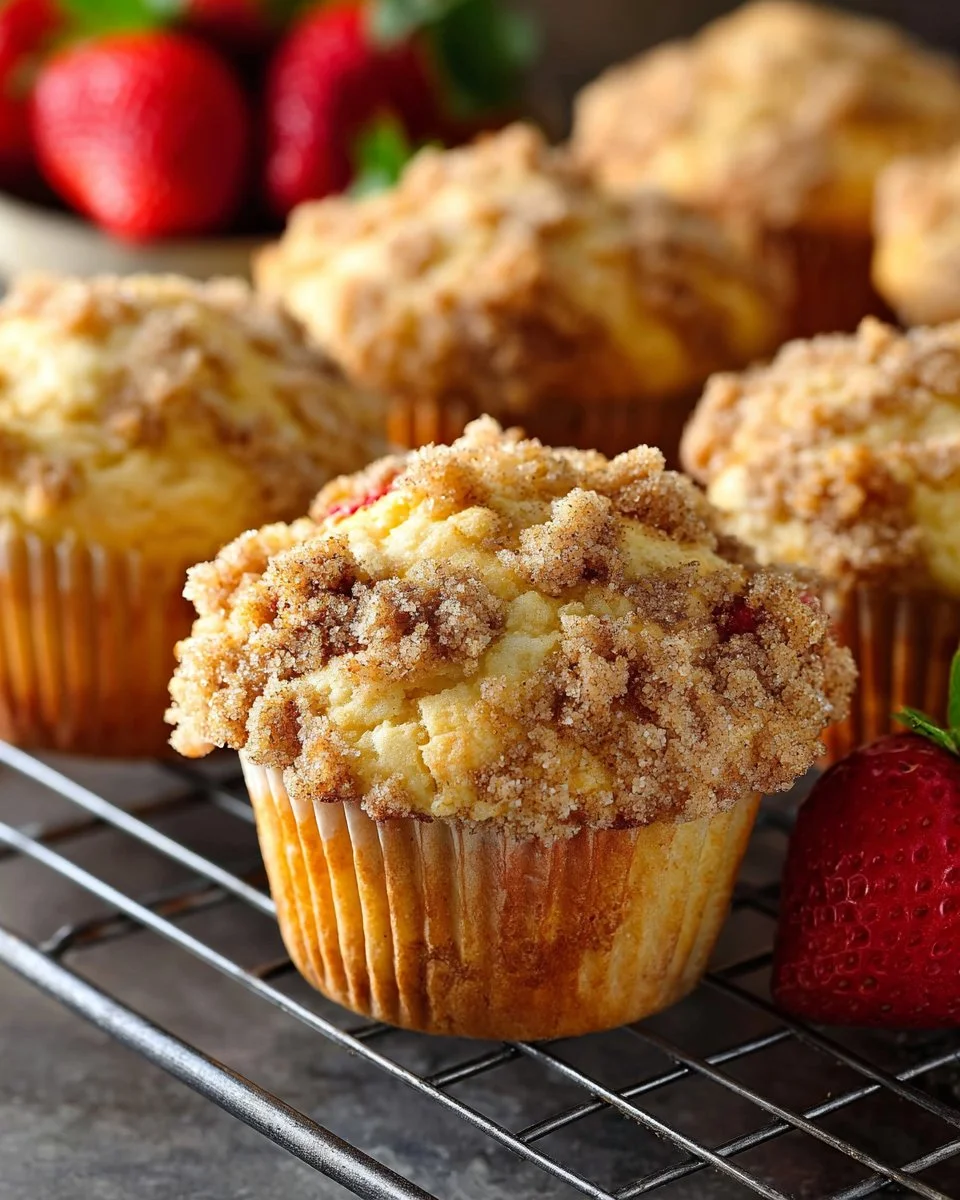Batch of freshly baked strawberry cheesecake muffins on a cooling rack