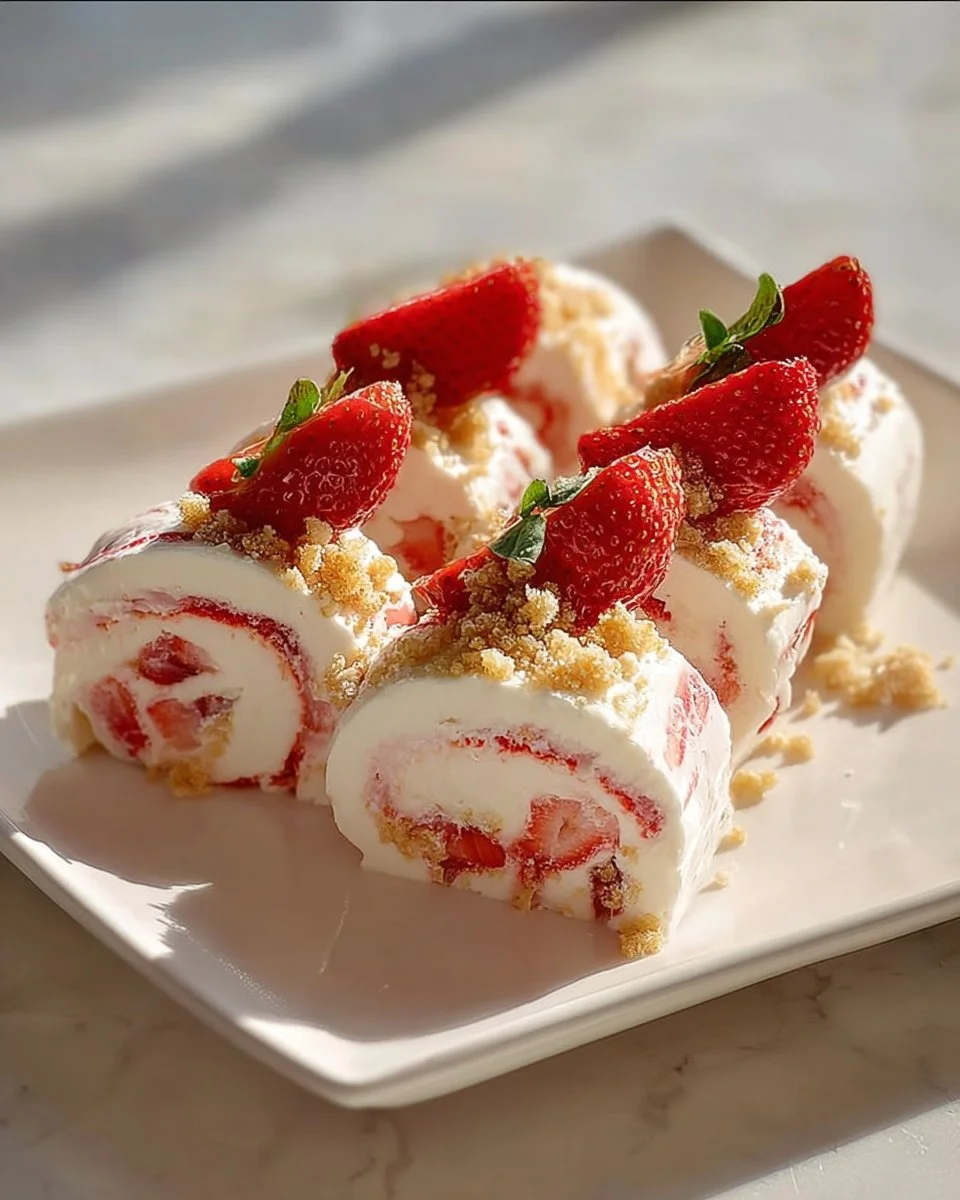 Strawberry shortcake cheesecake rolls with creamy filling and fresh strawberries