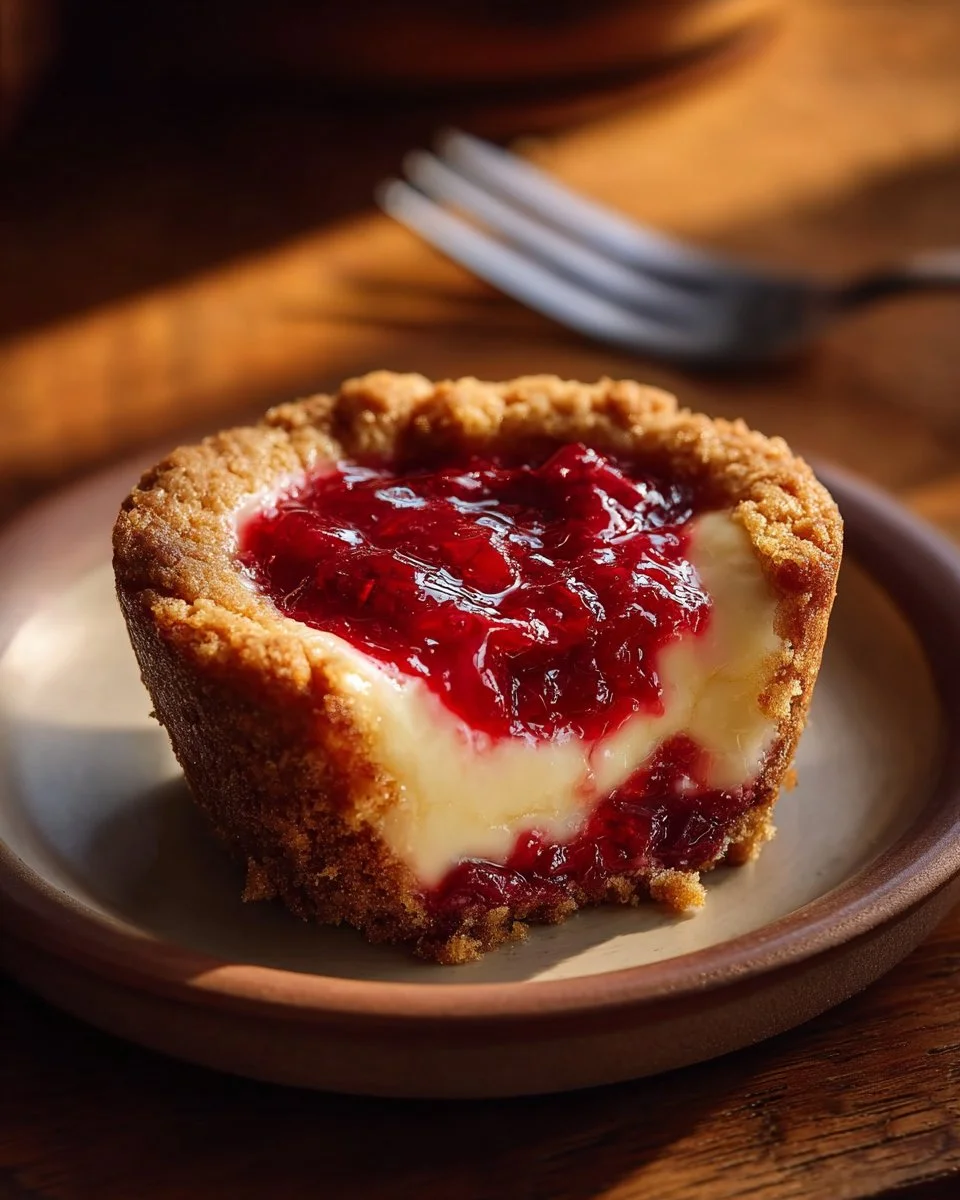 Strawberry swirl cheesecake cookie cups garnished with fresh strawberries.
