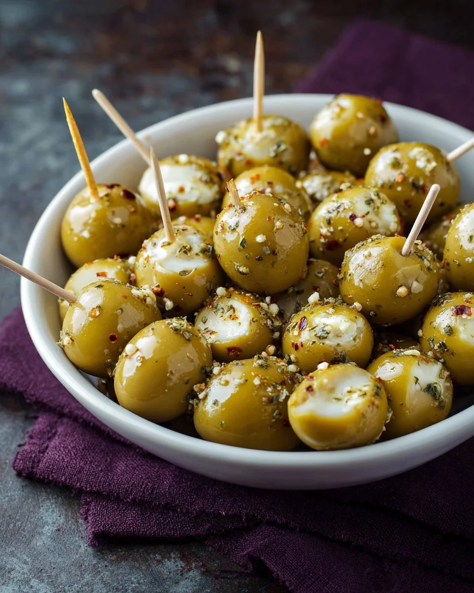 Delicious homemade stuffed olives ready for serving