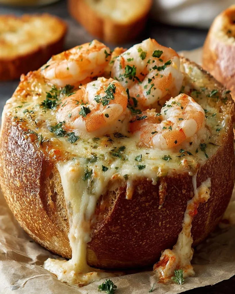 Delicious stuffed seafood bread bowl filled with shrimp and crab.