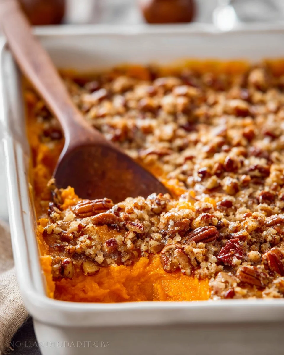 Delicious sweet potato casserole topped with marshmallows and pecans