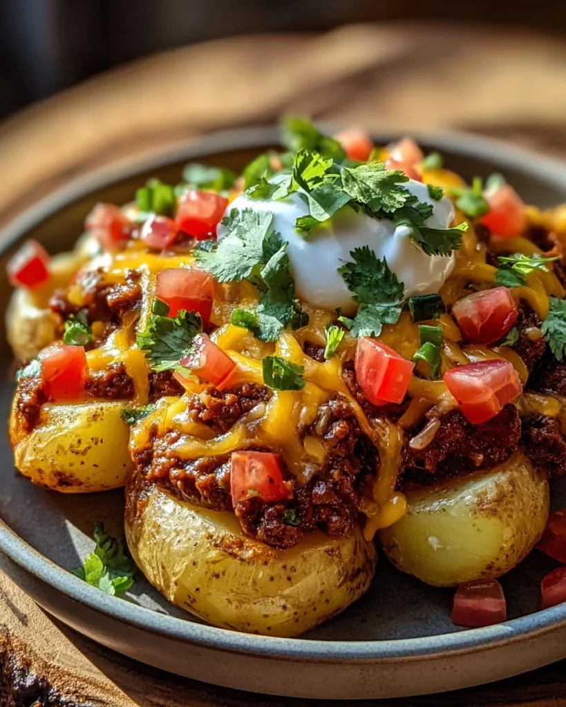 Delicious Taco Loaded Baked Potatoes with beef, cheese, and fresh toppings