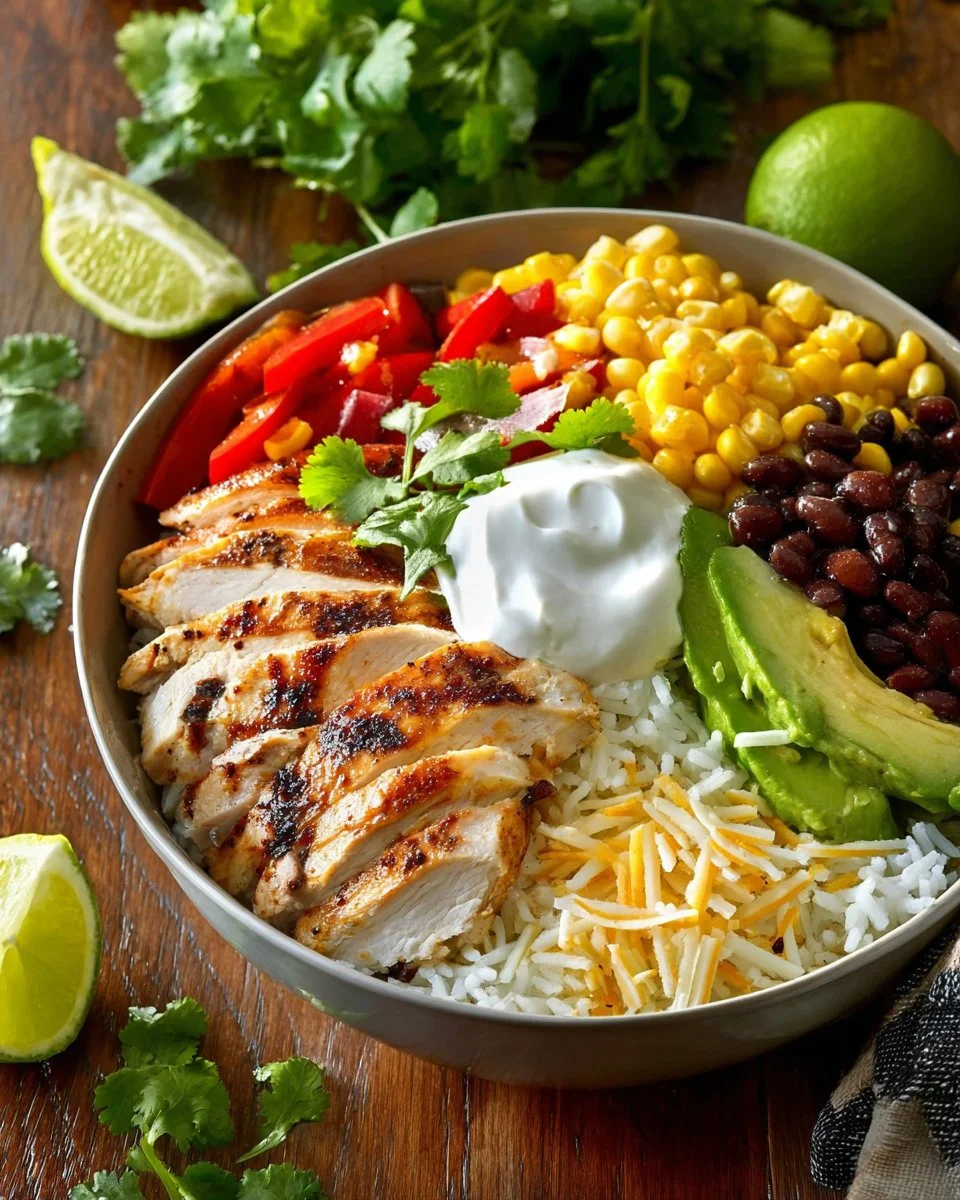 Tequila Lime Chicken Burrito Bowl topped with fresh ingredients and lime wedges