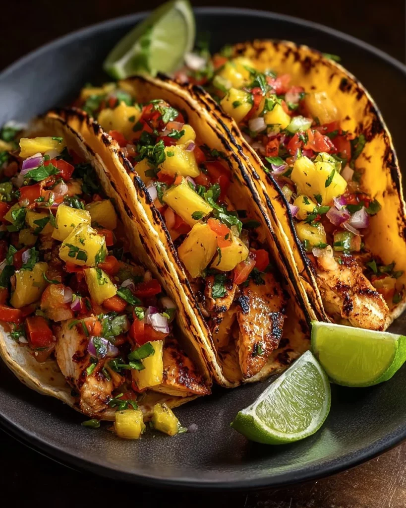 Delicious Teriyaki Chicken Tacos topped with fresh pineapple slices