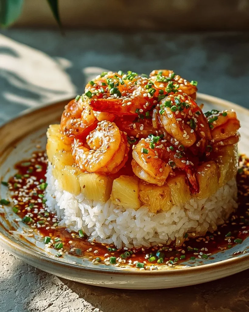 Teriyaki shrimp served on a bed of pineapple rice stack