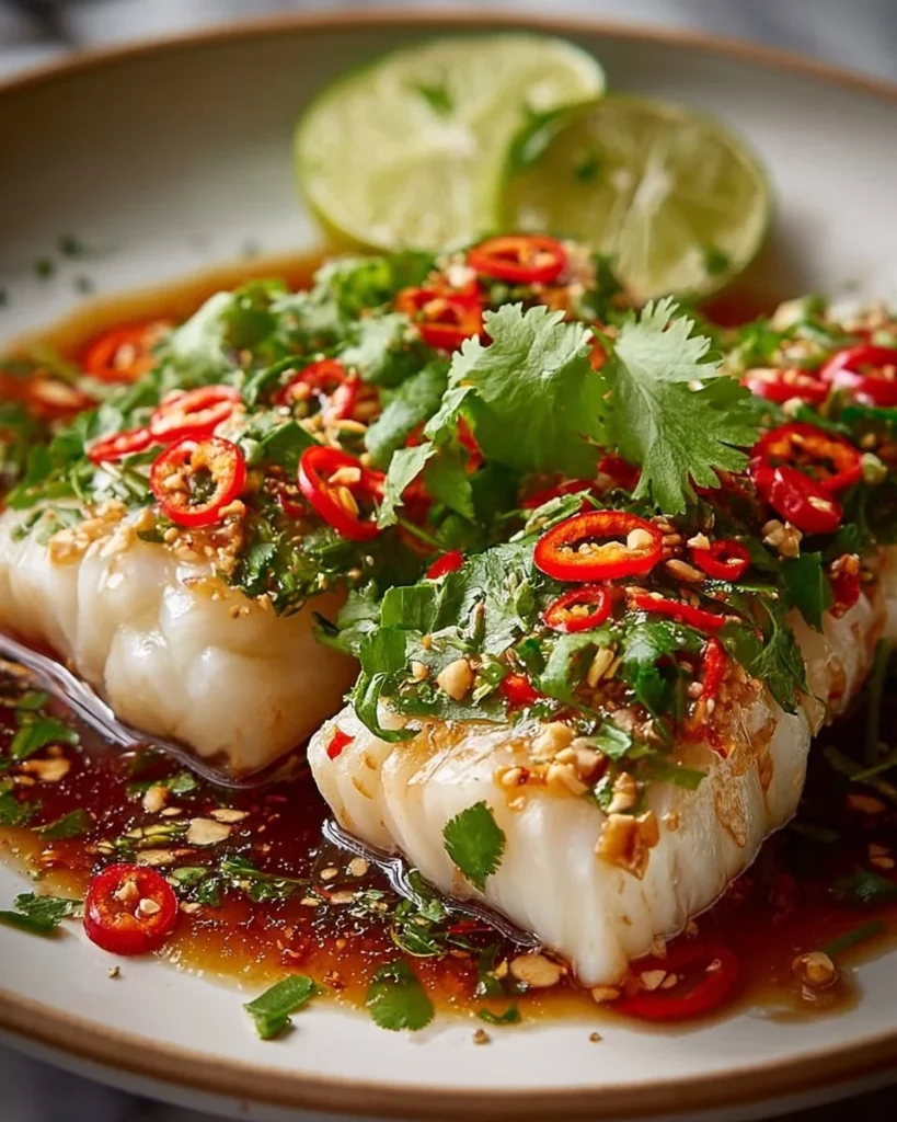 Thai Lime-Garlic Steamed Fish garnished with fresh herbs and lime