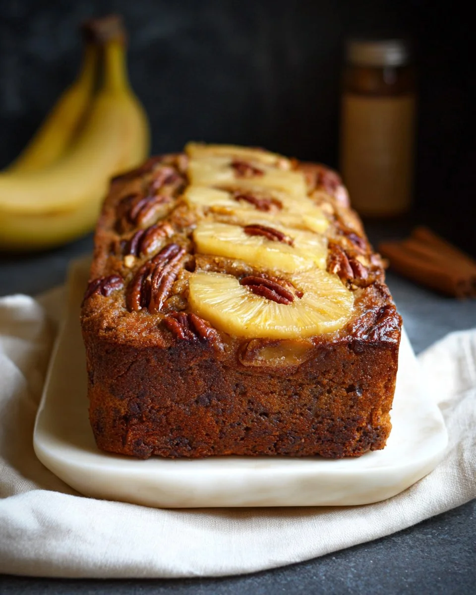 A slice of moist Vegan Hummingbird Bread topped with fresh walnuts and banana slices.