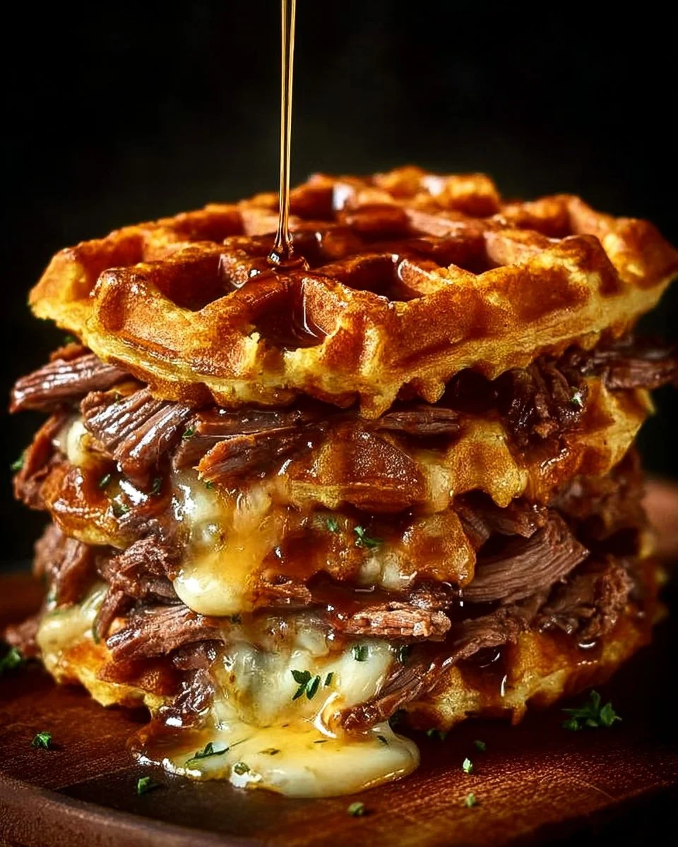 Waffle grilled cheese sandwich with bourbon-maple brisket on a plate