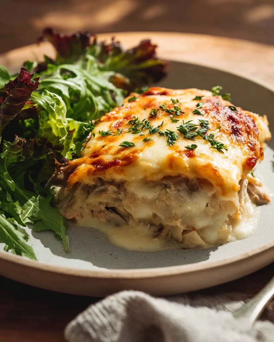 Delicious white chicken lasagna with creamy sauce and layers of pasta.