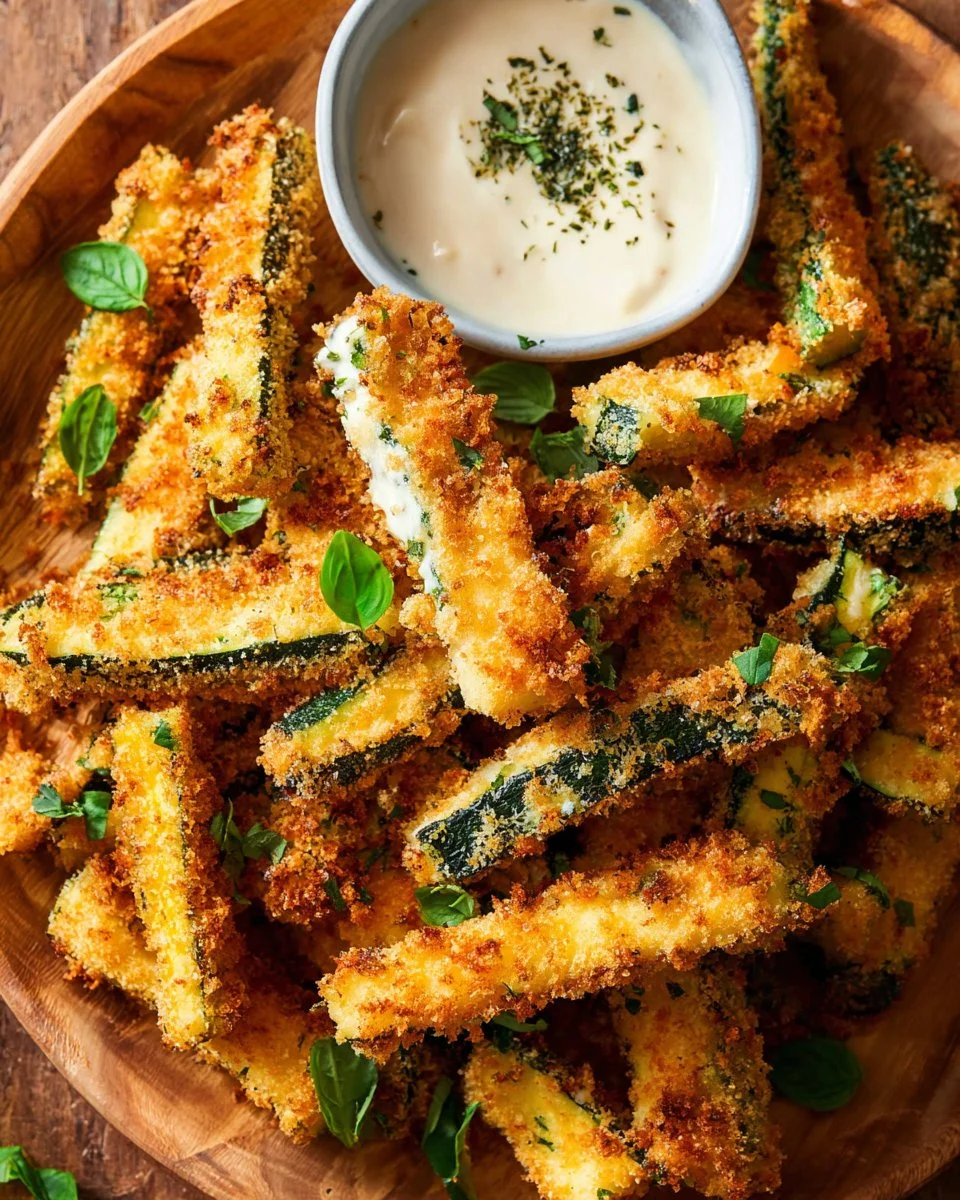 Crispy baked zucchini fries served with a dipping sauce